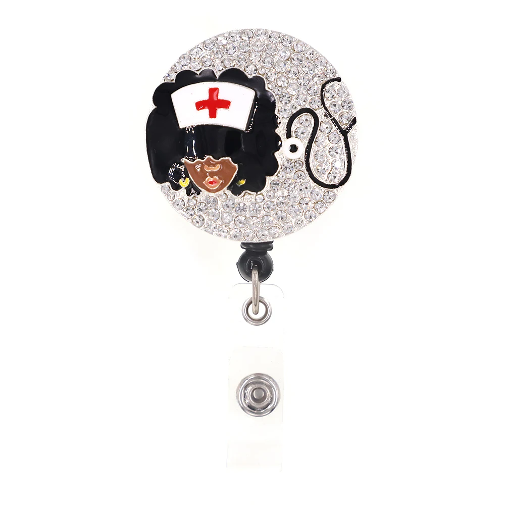 

sparkly rhinestone medical nurse style black nurse/doctor hat/heart Retractable id badge holder reel