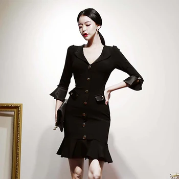 Korean Style Three Quarter Flare Sleeve High Waist Suit Dress Women Buttons Ruffles Fishtail Sheath Bodycon Work Dress TA3173
Korean Style Three Quarter Flare Sleeve High Waist Suit Dress Women Buttons Ruffles Fishtail Sheath Bodycon Work Dress TA3173