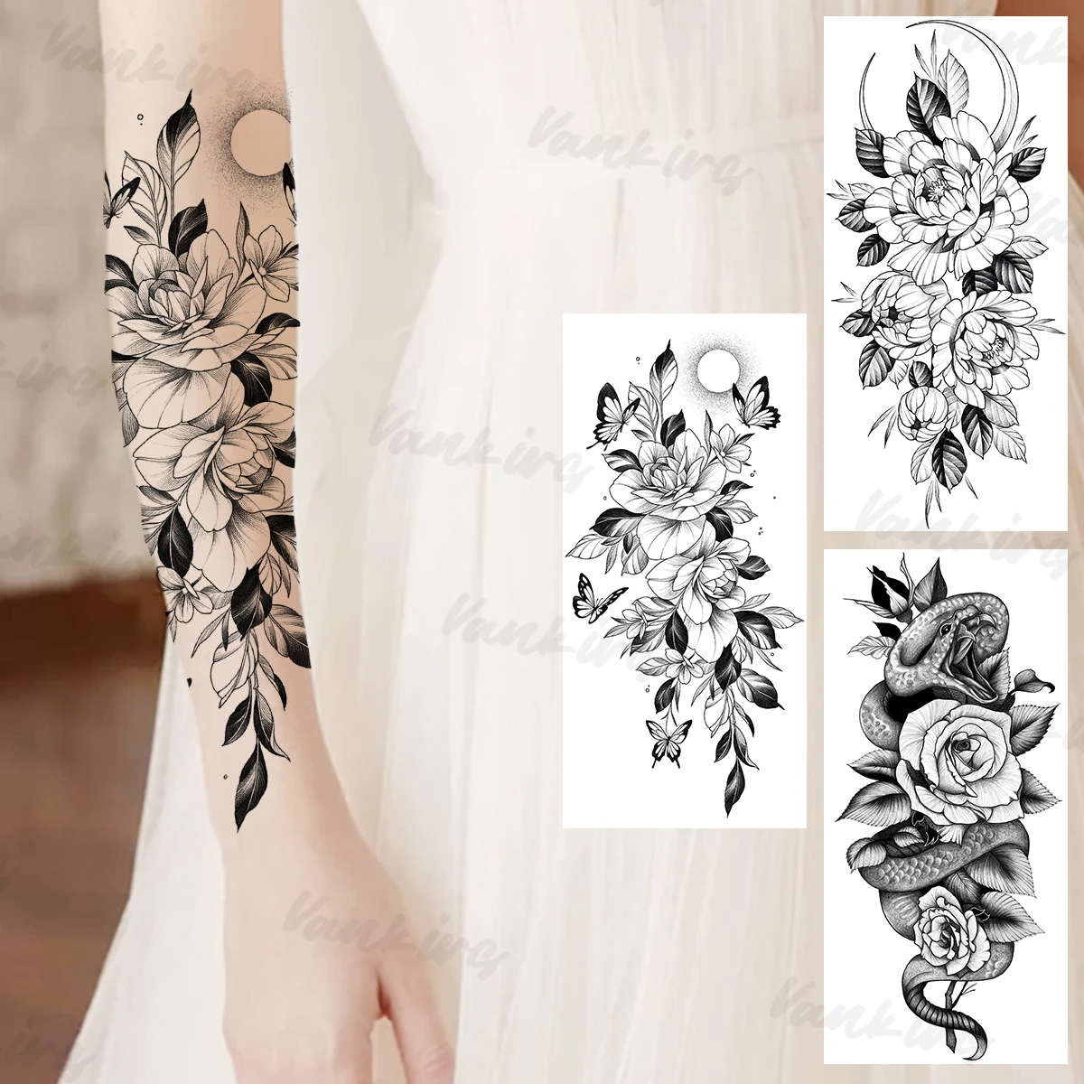 

Временные татуировки с черными бабочками и цветами для женщин и девушек, Реалистичная Татуировка со змеей и розой, переводная искусственная татуировка, наклейка на предплечье, татуировки