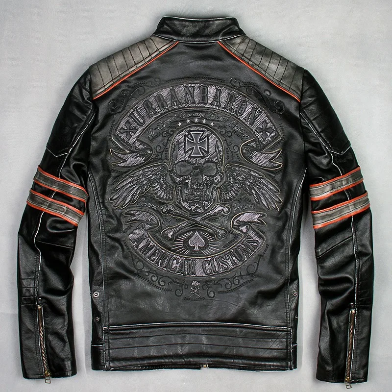 

Factory 2019 New Men Back Skulls Motorcycle Cow Leather Jacket 100% Real Cowhide Riding Biker Jackets Russia Winter Coats