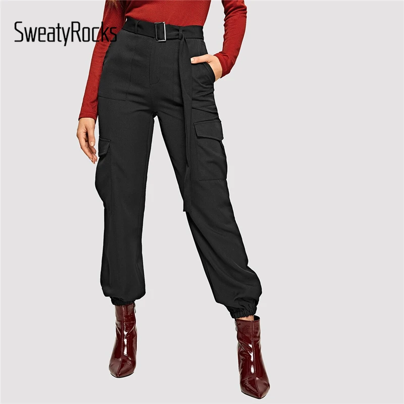 

SweatyRocks Black Adjustable Belted Flap Pocket Tapered Utility Pants Active Wear Cargo Pants 2019 Women Athleisure Casual Pants