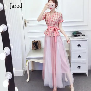 Summer 2 Piece Set Women Lace Up double-breasted plaid Short Sleeve shirt + Hit color A-line Long Mesh Skirts Suits Retro Suits
Summer 2 Piece Set Women Lace Up double-breasted plaid Short Sleeve shirt + Hit color A-line Long Mesh Skirts Suits Retro Suits