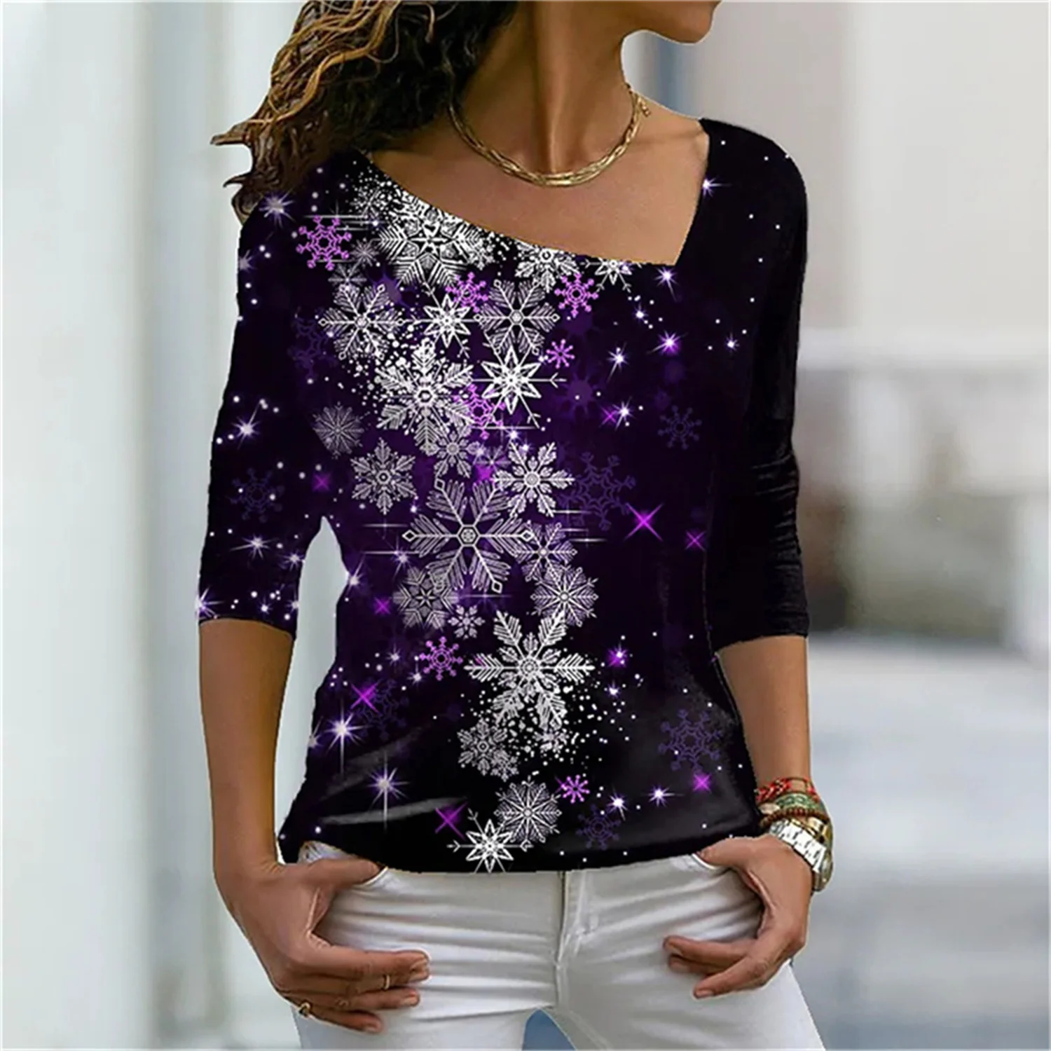 

3D Printing Snowflake Pattern Bottoming Top Fashion Retro V-neck Slim High-Quality Breathable Woman Sublimation T-shirt