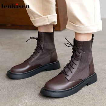 Lenkisen new genuine leather knitting socks boots round toe med heels fashion office lady winter keep warm women ankle boots L16
Lenkisen new genuine leather knitting socks boots round toe med heels fashion office lady winter keep warm women ankle boots L16