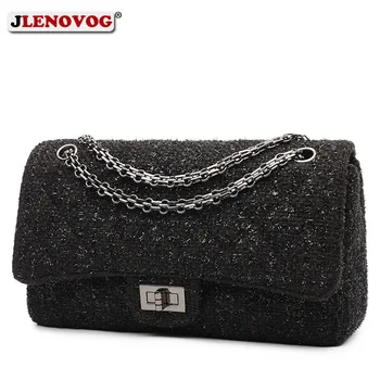 

Ladies Tweed Quilted Medium Double Flap Handbag Female Black Wool Braid Shoulder Bag 2020 Women Luxury Brand Chain Crossbody Bag