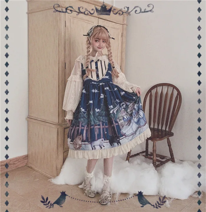 

Princess daily sweet lolita dress vintage lace bowknot high waist printing victorian dress kawaii girl gothic lolita jsk cosplay