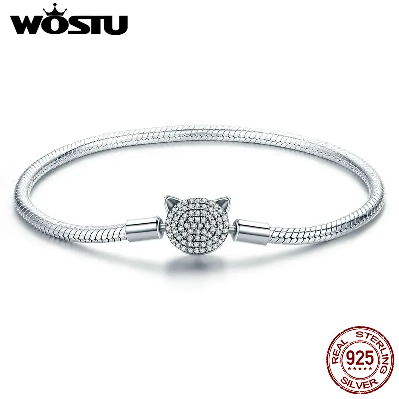 

WOSTU Authentic 100% 925 Sterling Silver Cute Cat Glittering CZ Snake Strand Chain Bracelets Bangle for Women Silver Jewelry