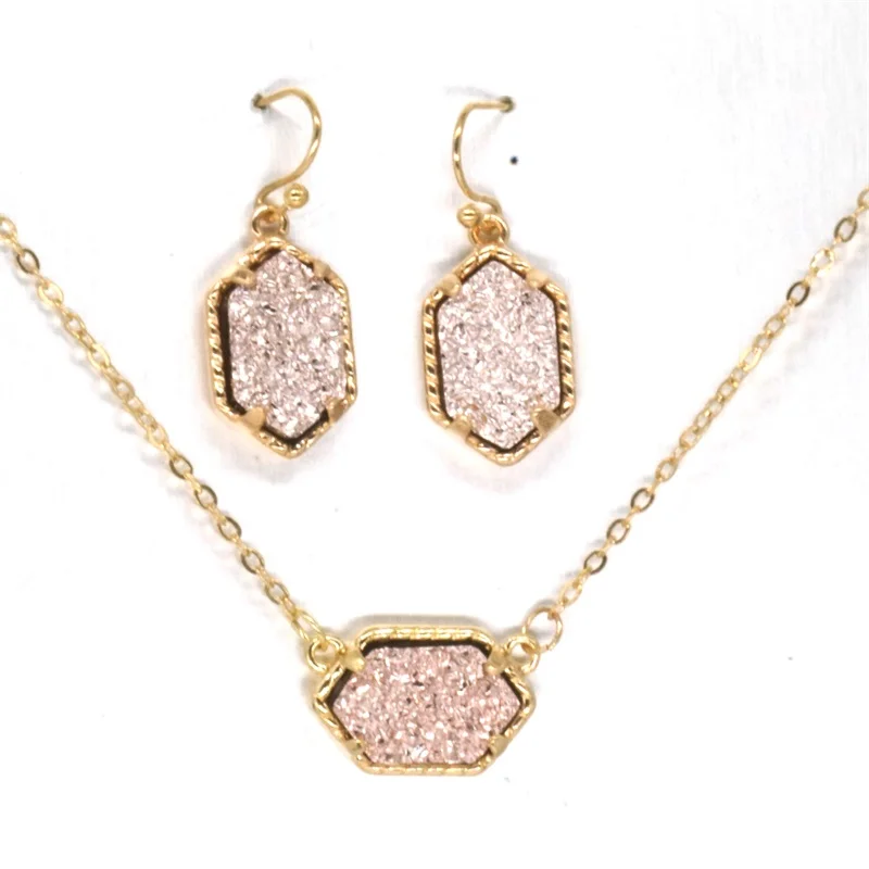 Druzy Drusy Necklace Earrings Jewelry Set Resin Stone Earings Gold Hexagon Dangle Ear for Women Party | Украшения и аксессуары