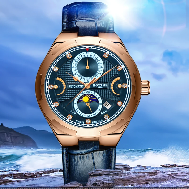 Часы BOYZHE Moonphase мужские Роскошные автоматические водонепроницаемые спортивные