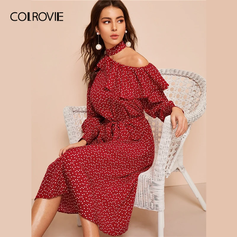 

COLROVIE Red Asymmetrical Neck Ruffle Trim Polka Dot Belted Dress Women A Line Midi Dress 2019 Glamorous Long Sleeve Dresses