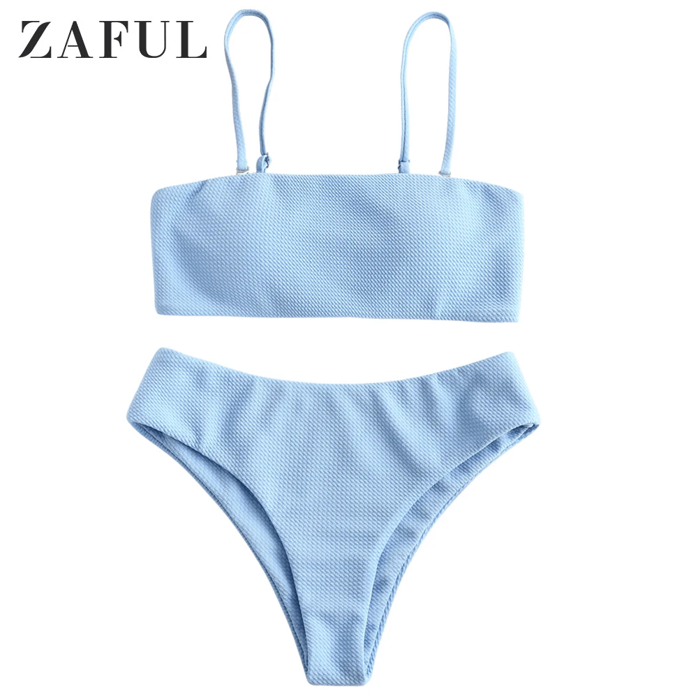 

ZAFUL Women Sky Blue Textured Padded Bandeau Bikini Set Solid Spaghetti Straps Wire Free Bandeau Bikini Ladies Basic Swimwear