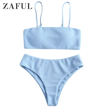 

ZAFUL Women Sky Blue Textured Padded Bandeau Bikini Set Solid Spaghetti Straps Wire Free Bandeau Bikini Ladies Basic Swimwear