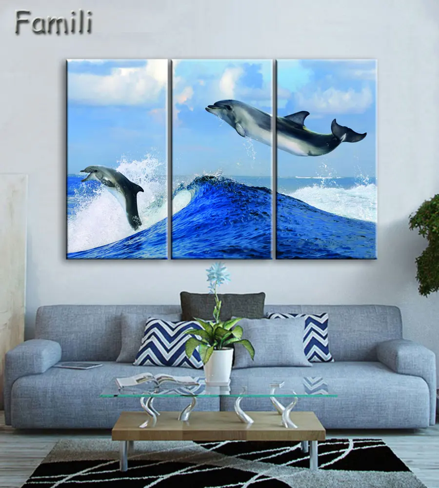 

3Panel Art Modern sea green blue beach Wave picture decoration canvas painting wall picture for living room home decor unframed