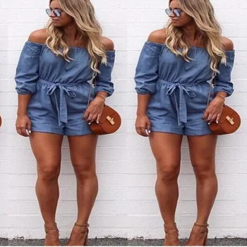 La Nice Jeans Off The Shoulder Playsuit Female For Women Sashes Middle Sleeve Short Romper Big Size Summer Womens Jumpsuit 
La Nice Jeans Off The Shoulder Playsuit Female For Women Sashes Middle Sleeve Short Romper Big Size Summer Womens Jumpsuit