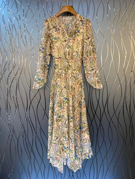 2020 Early Spring New Women's V-neck Printed Pattern Color Decoration Waist Long Sleeve Dress 407
2020 Early Spring New Women's V-neck Printed Pattern Color Decoration Waist Long Sleeve Dress 407