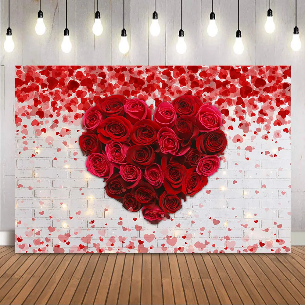 

Rose Flowers Love Heart Backdrop for Photography White Brick Wall Glitter Lights Photo Background Studio Children Kids Portrait