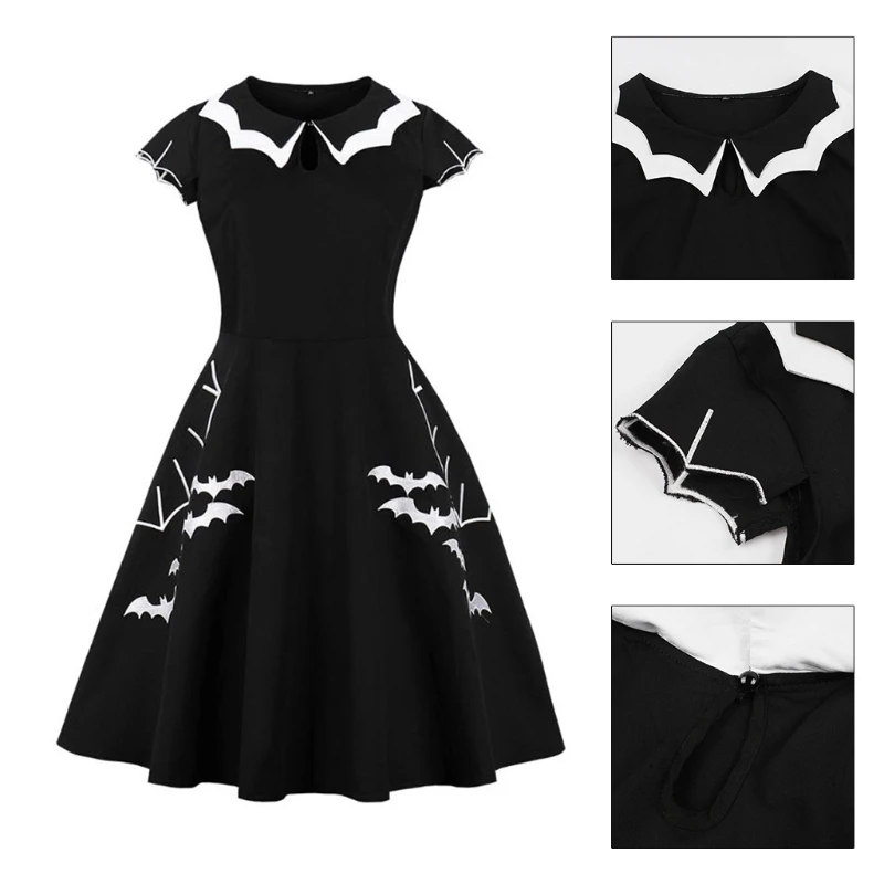 

Women Halloween Short Sleeve Keyhole Swing Dress Breathable High waisted Bat Embroidery Cosplay Dance Nightclub Clubwear