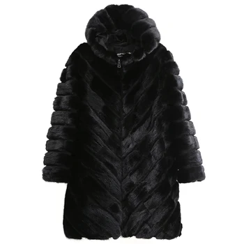 

Maylofuer Hooded Real and Natural Mink Fur Coat stripes with Stand Collar Women Fashion Fur Coats Long sleeves