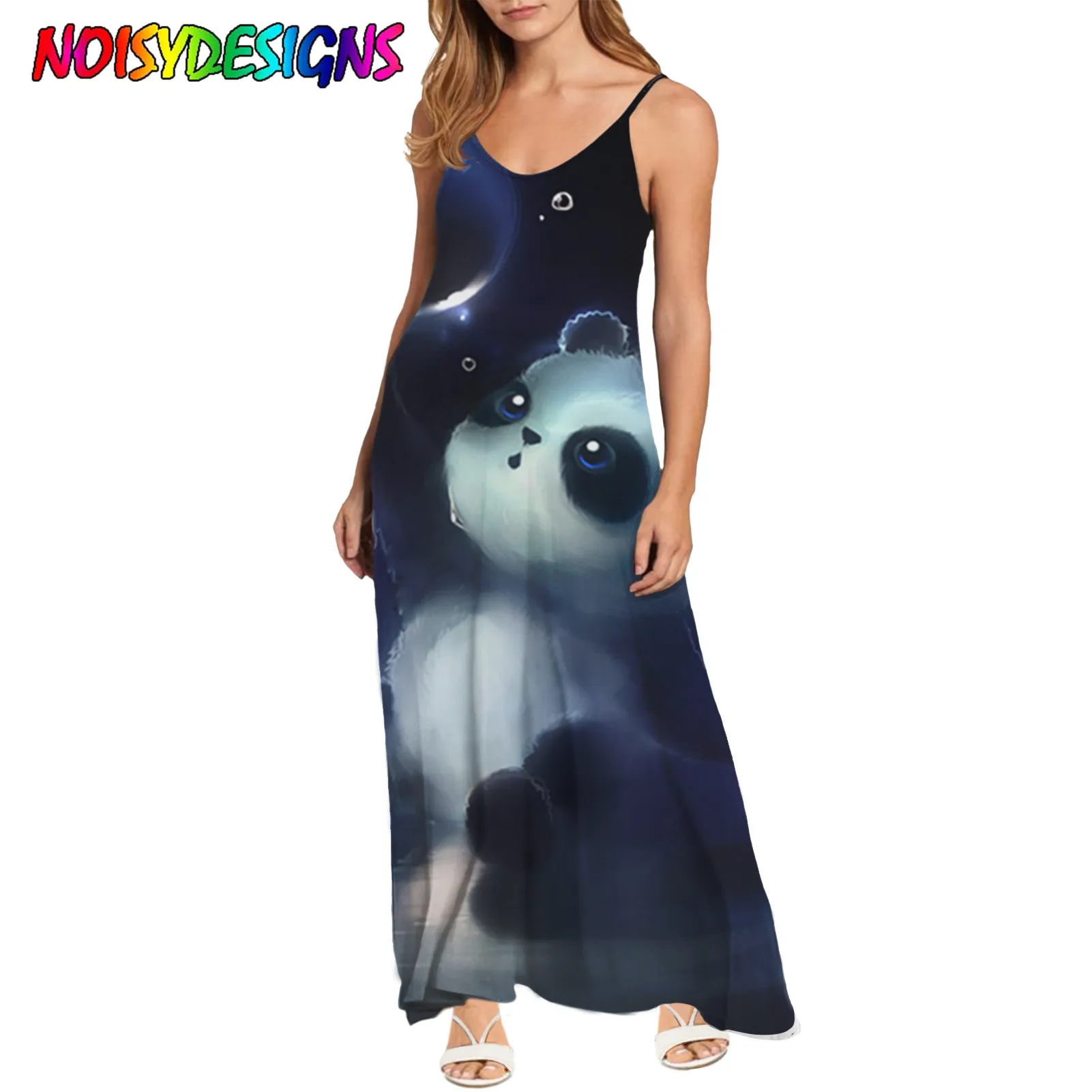 

NOISYDESIGNS 2021 Women V Neck Dress Cute Baby Panda Prints Long Party Dress Maxi Dresses Summer Sleeveless Beach Dresses