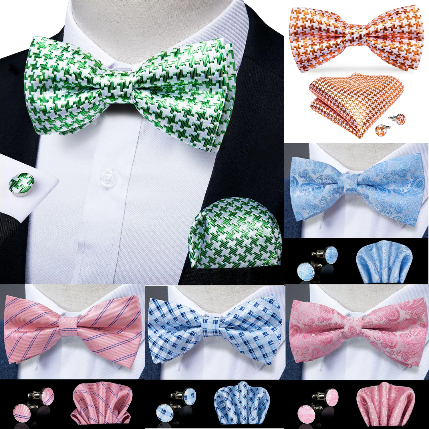 

Men's Silk Pre Tied Bow Tie For Men Wedding Bowtie Pocket Square Cufflink Set Green Blue Pink Party Tuxedo Floral Bowtie DiBanGu