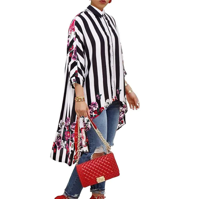 Фото Женская Длинная блузка в полоску с рукавом 3/4 и пуговицами| - купить