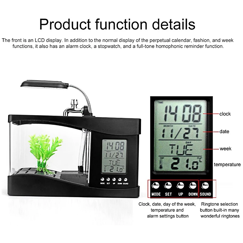 Multi-functional Mini Electronic USB Desktop Aquarium Fish Tank with Running Water Pump LED Light Calendar Clock Aquarium Tank
Multi-functional Mini Electronic USB Desktop Aquarium Fish Tank with Running Water Pump LED Light Calendar Clock Aquarium Tank