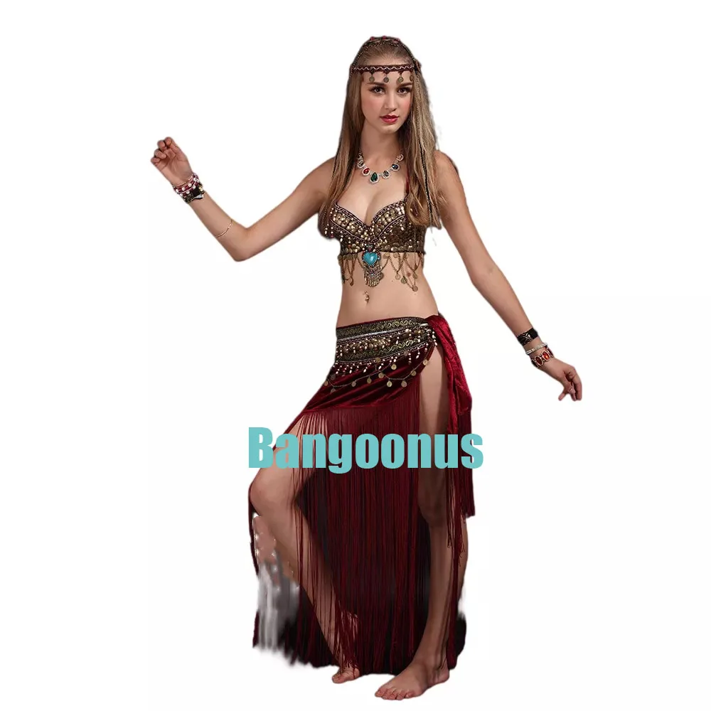 

Woman Handmade Tribal Bra & Belt Costume Set Women ATS Outfit Beaded Belly Dance Costume Clothes Red Black Neopard Purple S M L