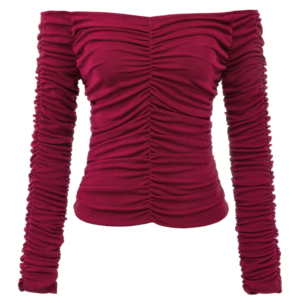 Women Off Shoulder shirt Pleated Tops Long Sleeve Back Zipper Ruching Sexy Slim Fit solid color autumn spring lady retro blouse
Women Off Shoulder shirt Pleated Tops Long Sleeve Back Zipper Ruching Sexy Slim Fit solid color autumn spring lady retro blouse