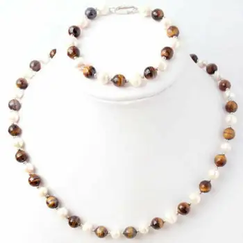 Natural 7-8mm White Freshwater Pearl &Tiger's eye Necklace Bracelet Jewel Set
Natural 7-8mm White Freshwater Pearl &Tiger's eye Necklace Bracelet Jewel Set