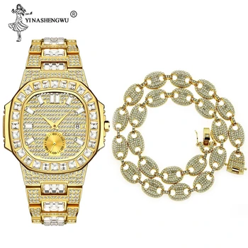 Hip Hop Iced Out CZ Gold Color Coffee Bean Pig Nose Alloy Rhinestone Necklace + Watch Set Charm Link Chain Collares Men Jewelry
Hip Hop Iced Out CZ Gold Color Coffee Bean Pig Nose Alloy Rhinestone Necklace + Watch Set Charm Link Chain Collares Men Jewelry