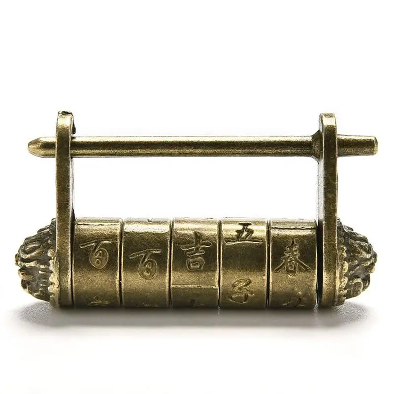China Retro Text Code Lock Escape Room Antique Decorative Box Lucky Auspicious Five-wheeled Bronze Lettering Password Padlock | Дом и сад