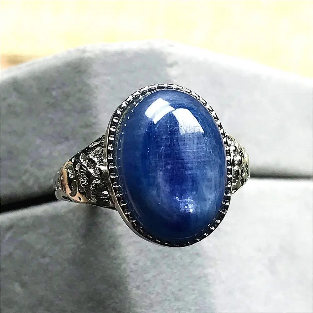 

Adjustable Ring Natural Blue Kyanite Jewelry For Woman Man Love Party Gift 16x12mm Oval Beads Silver Cat Eye Crystal Ring AAAAA