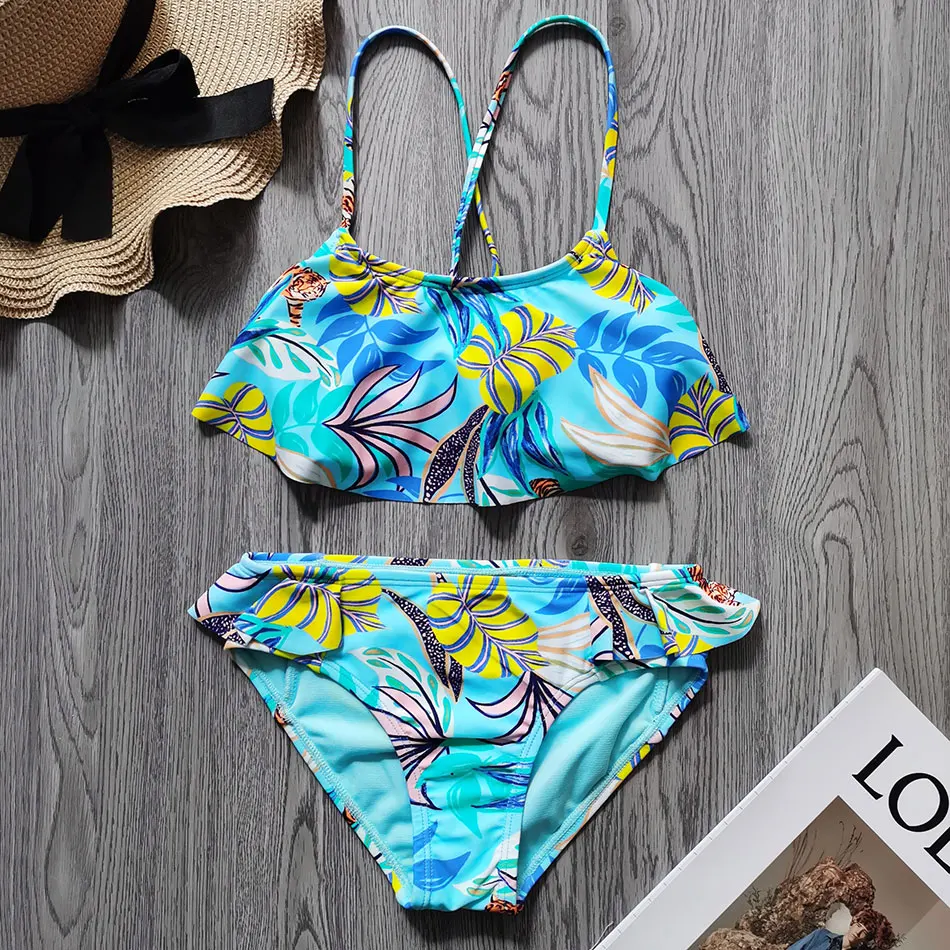 

Tropical Girl Swimsuit Kids 7-14 Years Bandage Girl Bikini Set Flounce Two Piece Children's Swimwear Ruffle Girls Bathing Suits