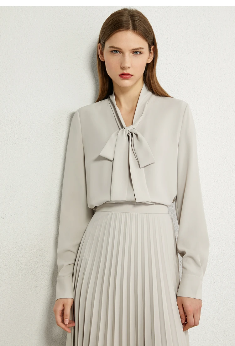 AMII Minimalism Autumn Olstyle Set Fashion Bow Neck Full Sleeve Loose Women Shirt High Waist Pleated Female Skirt 12040337