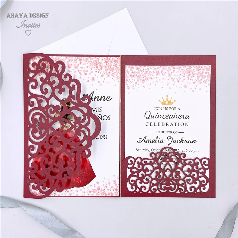 

Burgundy Floral Sweet 16 Birthday Laser Cut Invitation, Quinceanera Invite With Envelope {Free Infinite Design Before Pay}