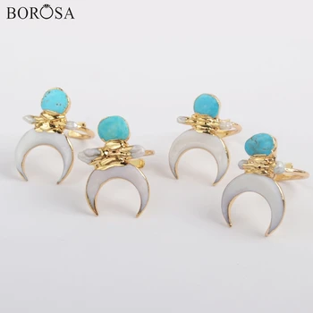 

BOROSA 5Pcs Gold Plating Crescent Natural White Shell & Natural Turquoises Adjustable Ring Women Jewelry Factory Outlet G1862
