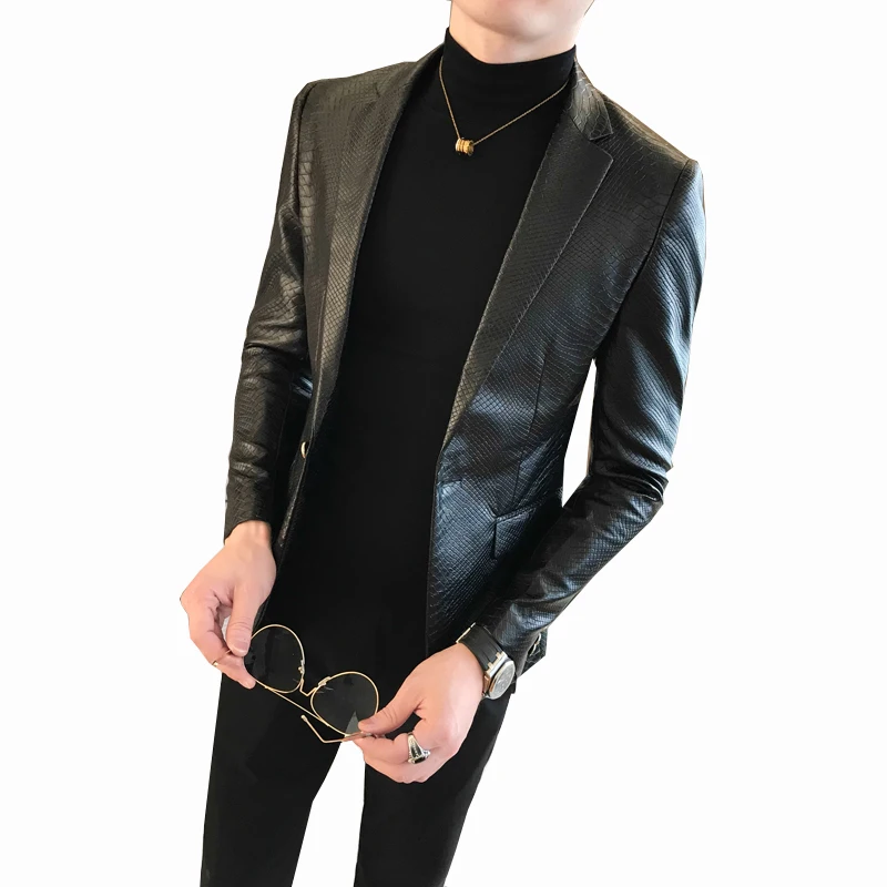 Solid Black Slim Fit Blazer Hombre Pu Leather Jacket Men One Button Business Casual Prom Blazers For Men Korean Suit Coat
Solid Black Slim Fit Blazer Hombre Pu Leather Jacket Men One Button Business Casual Prom Blazers For Men Korean Suit Coat