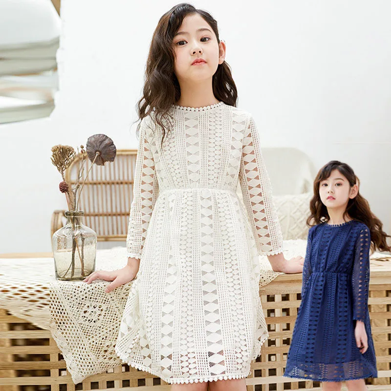 

2023 Lace Teenage Dresses Girls White Blue Wedding Party Dress For Kids Long Sleeve Children Clothing Spring Autumn Summer Cute