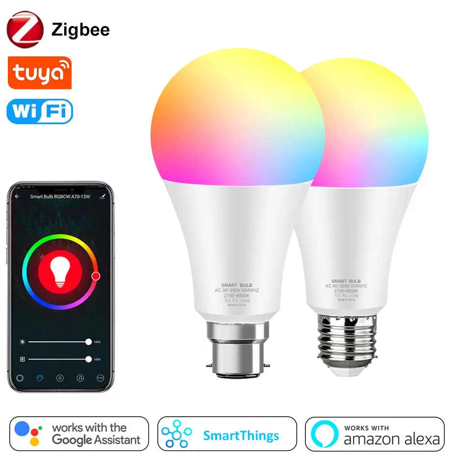 WiFi / Zigbee Smart Led Bulb E27 B22 15W 12W Life Alexa Voice Control Lamp RGBW RGBWW 110V 220V Bulbs for Home | Освещение