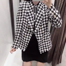 

Tassel Houndstooth Jacket Chic Thick Tweed with Spliced Patch Designs Black Jacket for Women Vintage Plaid Autumn Winter Coats