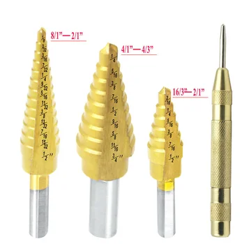 HSS Titanium Step Drill Bits For Metal Wood Hex Shank Stepped Bit Triangle Handle 3/16,1/4-3/4, 1/8-1/2 with Yellow Center Punch
HSS Titanium Step Drill Bits For Metal Wood Hex Shank Stepped Bit Triangle Handle 3/16,1/4-3/4, 1/8-1/2 with Yellow Center Punch