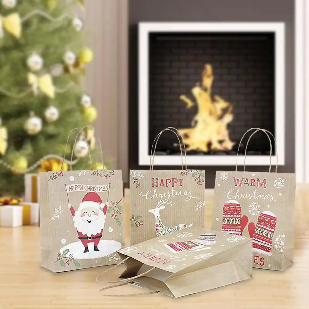 12pcs christmas gift bag paper bag packing kraft bottom tote bag