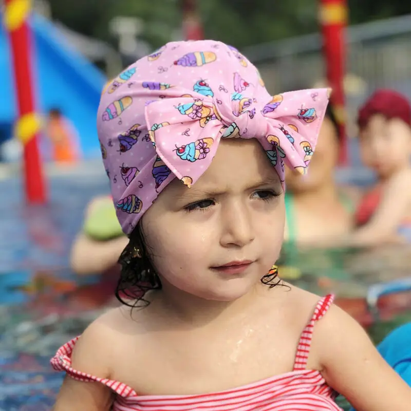 Детская шапочка для купания с милым мультяшным рисунком нейлоновая бантом