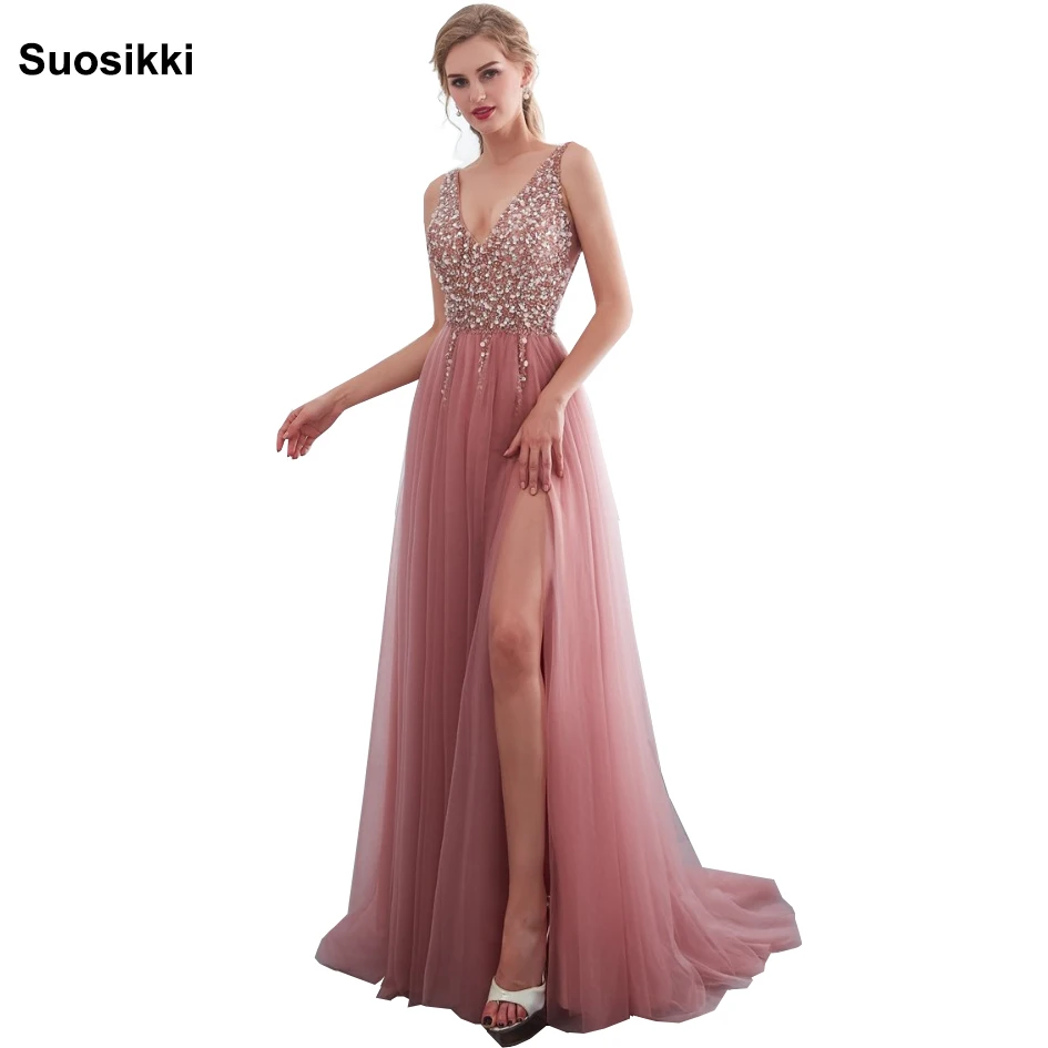 Beading Prom Dresses 2019 V neck Pink High Split Tulle Sweep Train Sleeveless Evening Gown A-line Lace Up Backless Vestido De
Beading Prom Dresses 2019 V neck Pink High Split Tulle Sweep Train Sleeveless Evening Gown A-line Lace Up Backless Vestido De