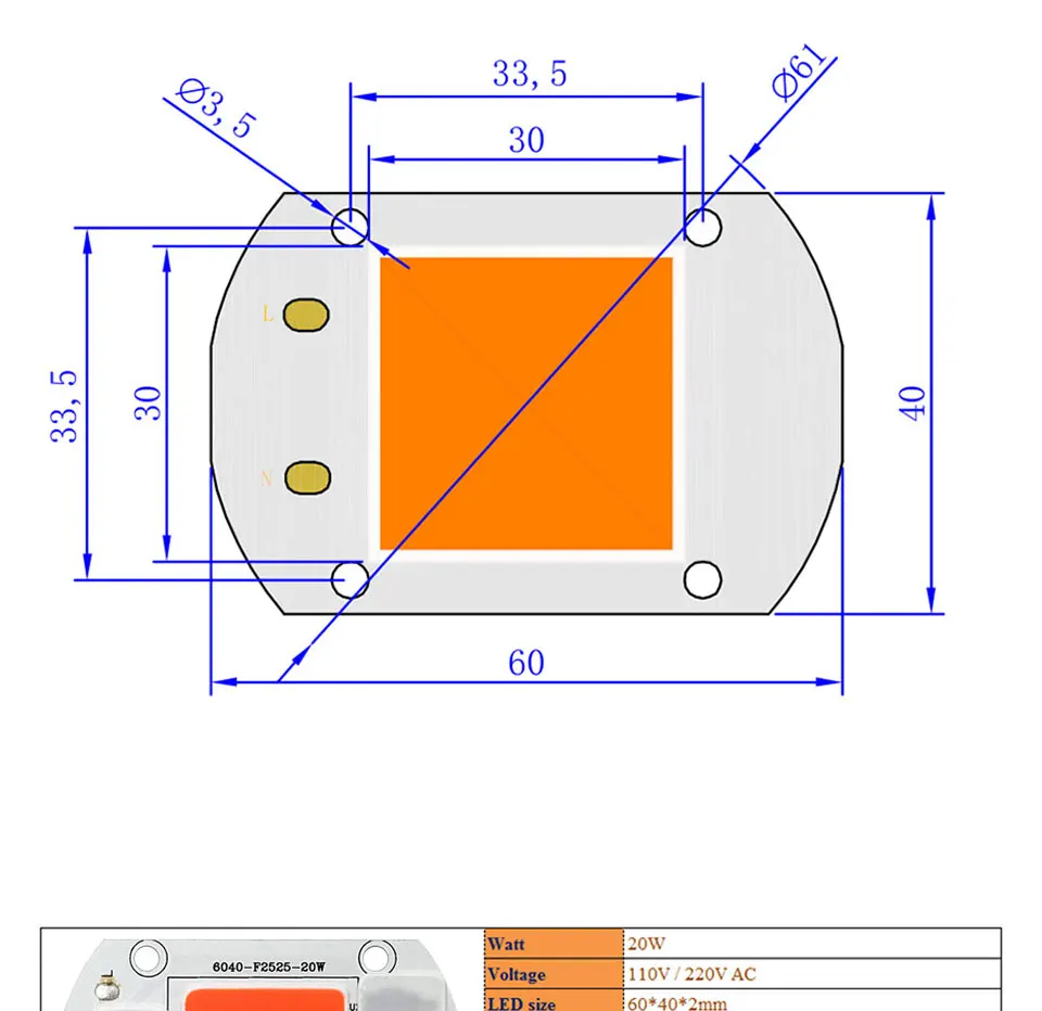 Driverless Smart IC AC 110V 220V Full Spectrum COB LED Light Chip for Floodlights Plant Grow Lamp 20W 30W 50W LED Bulb 60x40mm (1)