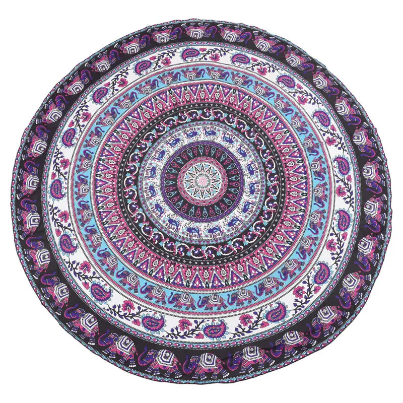 

Promotion! Round Print Bohemian Mandala Tapestry Wall Hanging Picnic Beach Towel Blanket Purple Elephant Mandala