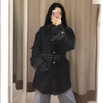 Women Black Thick Denim Jackets With Belt Button Pocket Long Sleeve Jacket Coat Pockets Ladies Boyfriend Long Tops 
Women Black Thick Denim Jackets With Belt Button Pocket Long Sleeve Jacket Coat Pockets Ladies Boyfriend Long Tops