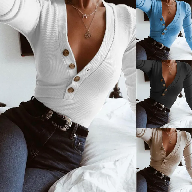 2020 Spring New European and American Women's Slim Fit Thin Solid Color Four Button Large V-neck T-shirt crop top
2020 Spring New European and American Women's Slim Fit Thin Solid Color Four Button Large V-neck T-shirt crop top