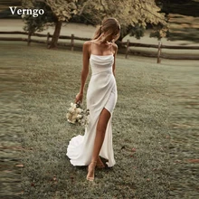 

Verngo Boho Wedding Dress Spaghetti Straps Pleats Side Slit Country Wedding Gowns Sweep Long Bridal Dress Simple Robe de mariage