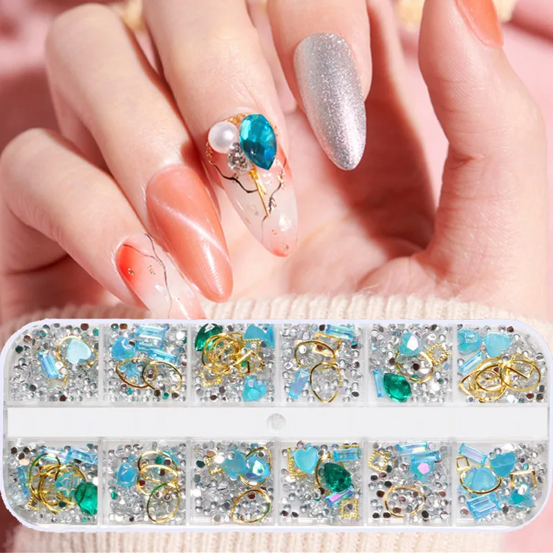 

1 Box Mixed Nails Rhinestones Shiny 3D Crystal Beads Metal Rivets Nail Art Decoration Colorful Manicure Studs Gems Accessories